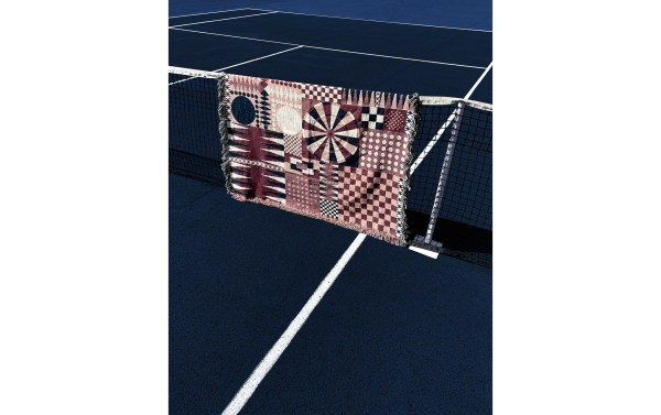 plaid tissé aux motifs de jeux de société dessiné par Justine Figueiredo